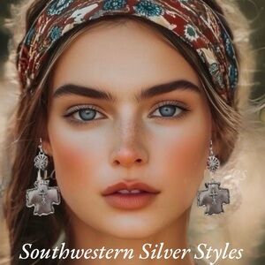 Vintage Rustic Southwestern Native American Style Silver Plated Cross Earrings